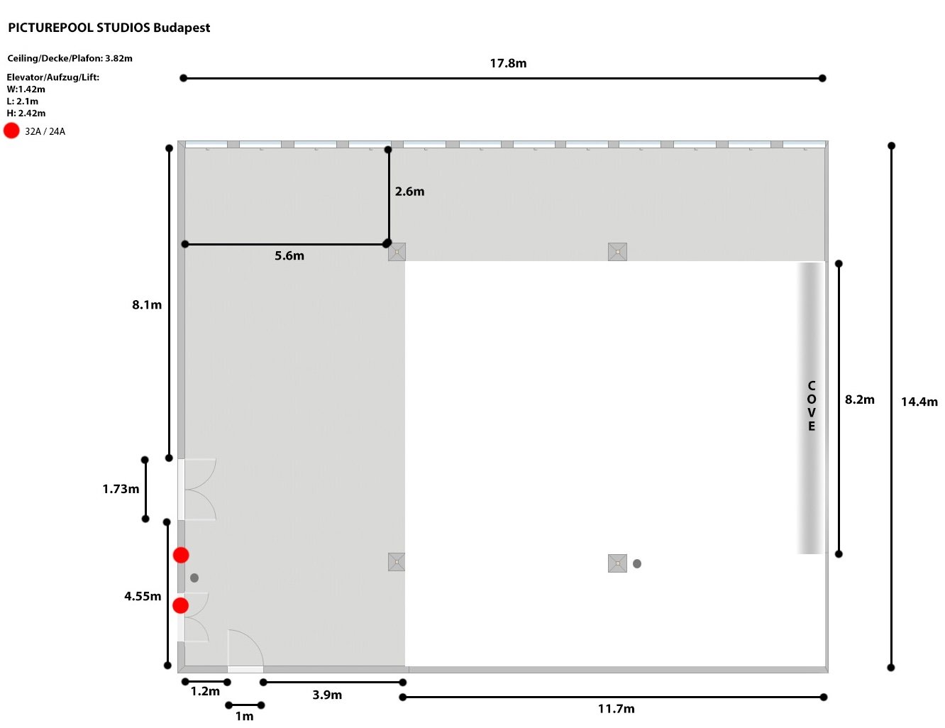 Picturepool Studios floor plan — technical diagram showing studio dimensions, infinity cove location, elevator specifications and power outlet placement